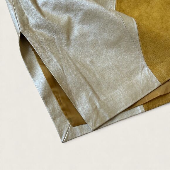 Y2K Colorblock Leather Skirt Size 20 Brown Tan Cream Patchwork Mini Plus Size - Picture 7 of 8
